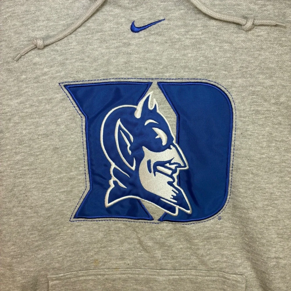Vintage Nike Duke Blue Devil Center Swoosh Hoodie Men L Gray Fleece Pullover Y2K